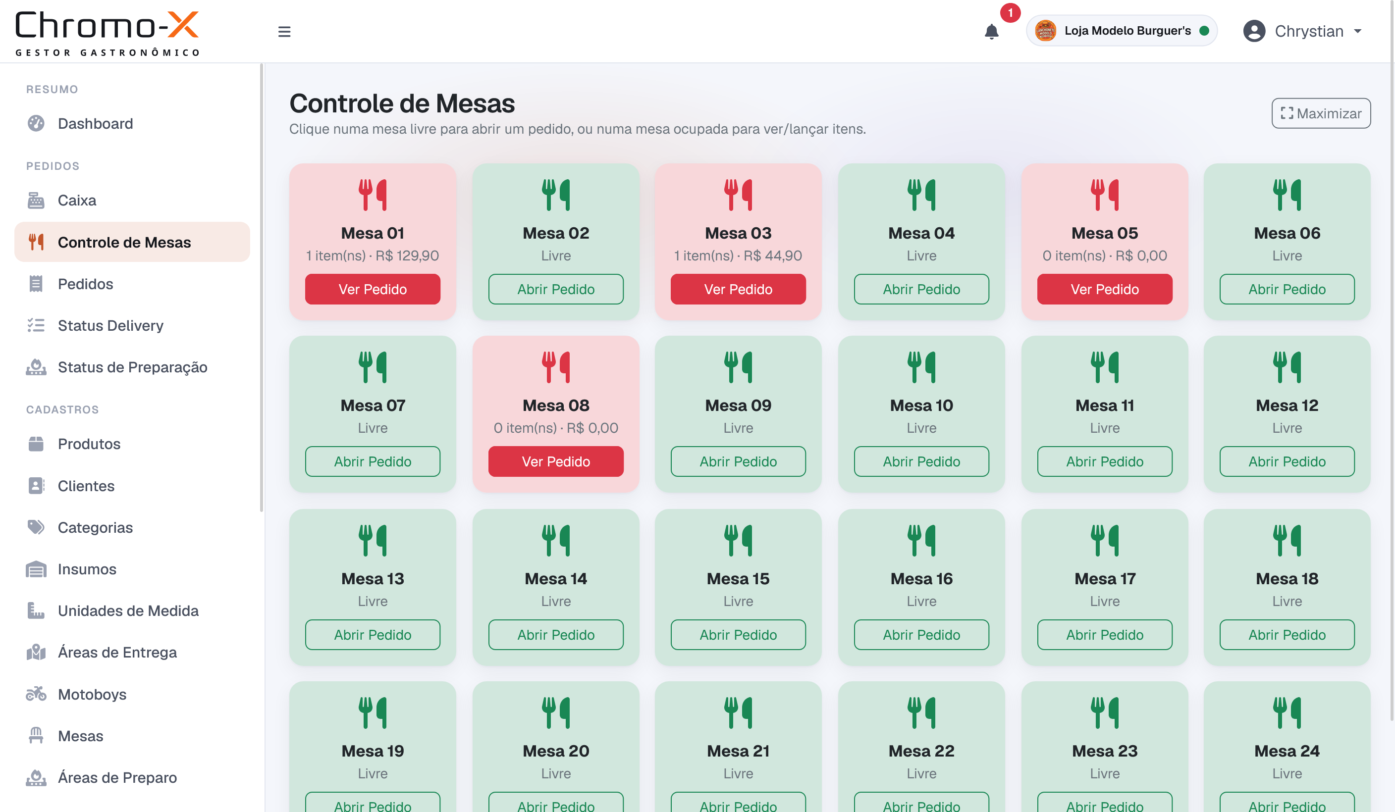 Tela de Controle de Mesas do Chromo-X: as mesas do salão em cartões coloridos, vermelho para as que têm pedido aberto (com quantidade de itens e valor) e verde para as livres.
