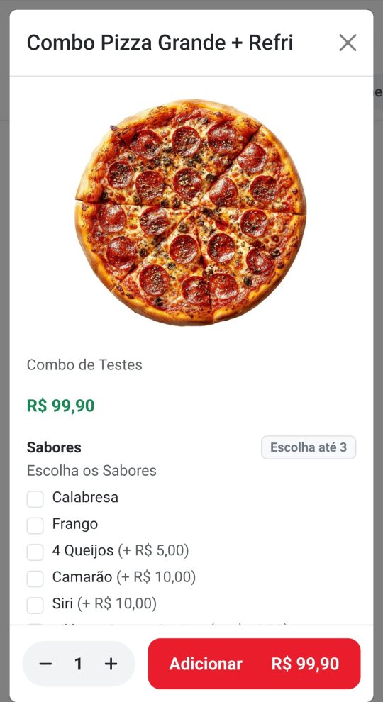 Tela de produto do cardápio digital: foto de uma pizza, preço, grupo "Sabores" com "Escolha até 3" e opções com acréscimo de preço, e o botão Adicionar com o total.