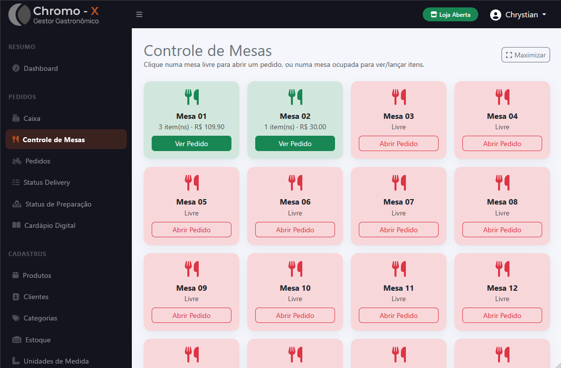 Tela de Controle de Mesas do Chromo-X: o salão em cartões coloridos, mostrando quais mesas estão livres e quais têm pedido aberto.